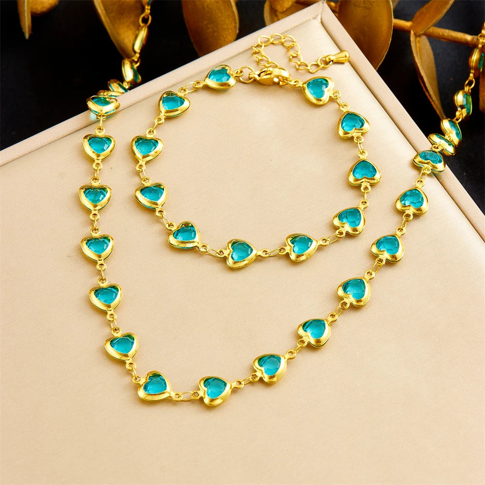Amore Heart Necklace & Bracelet Set in Aqua