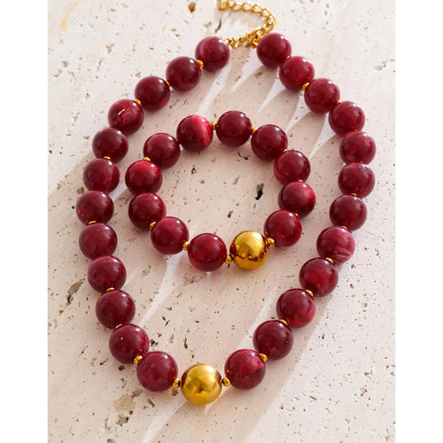 Bonbon bead necklace and bracelet in dark red