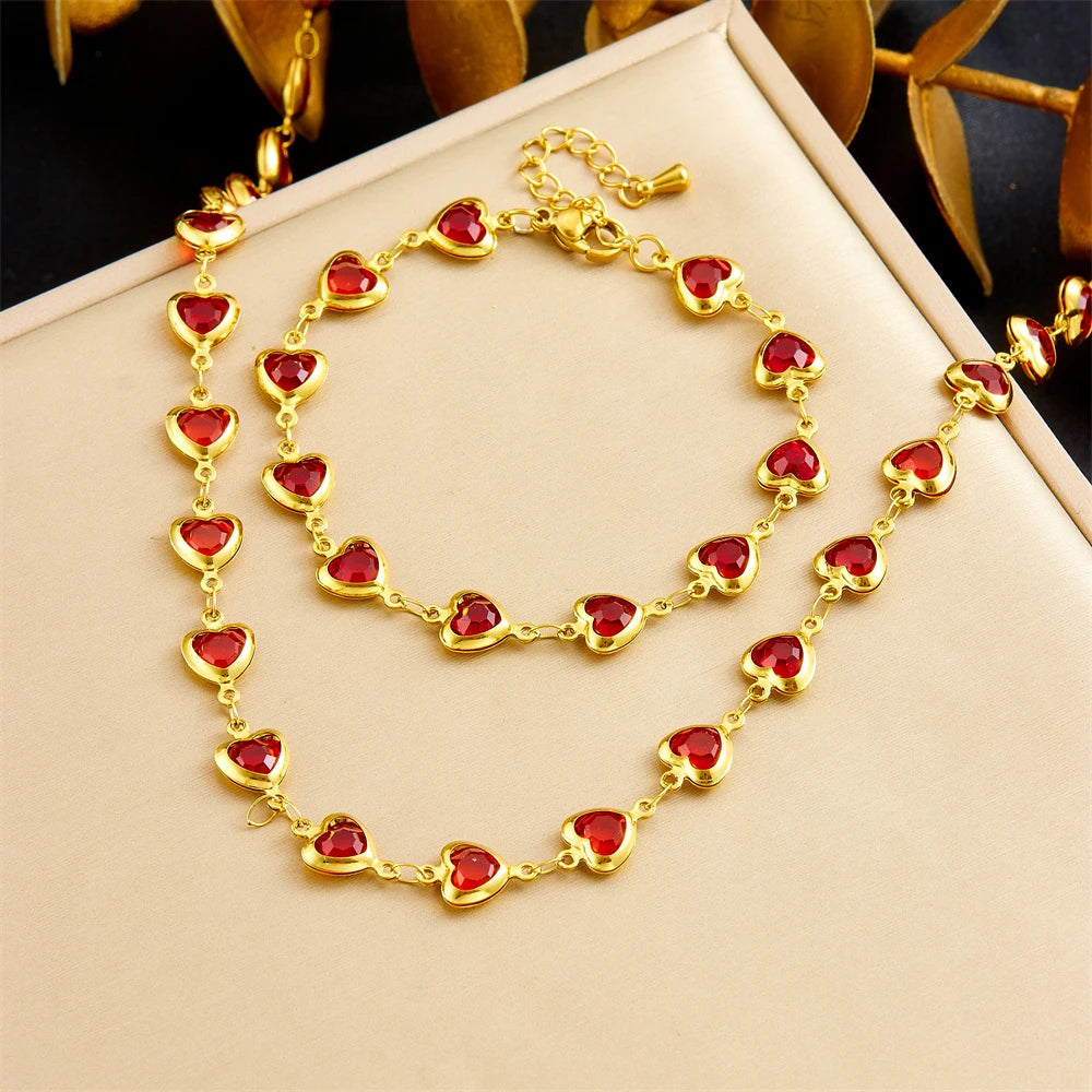 Amore Heart Necklace & Bracelet Set in Ruby