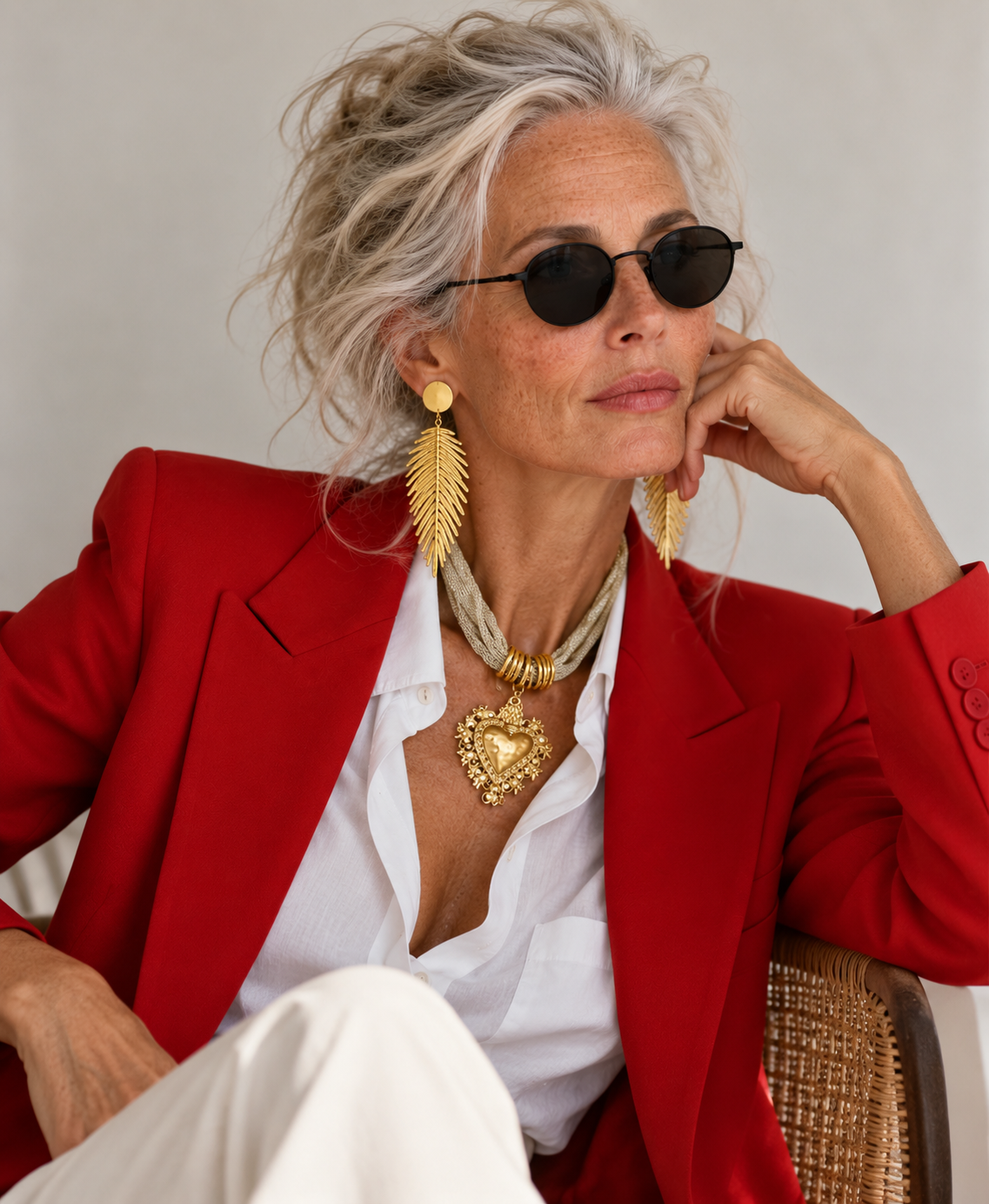Edoarda in a red blazer wearing the Gilded Plume Earrings