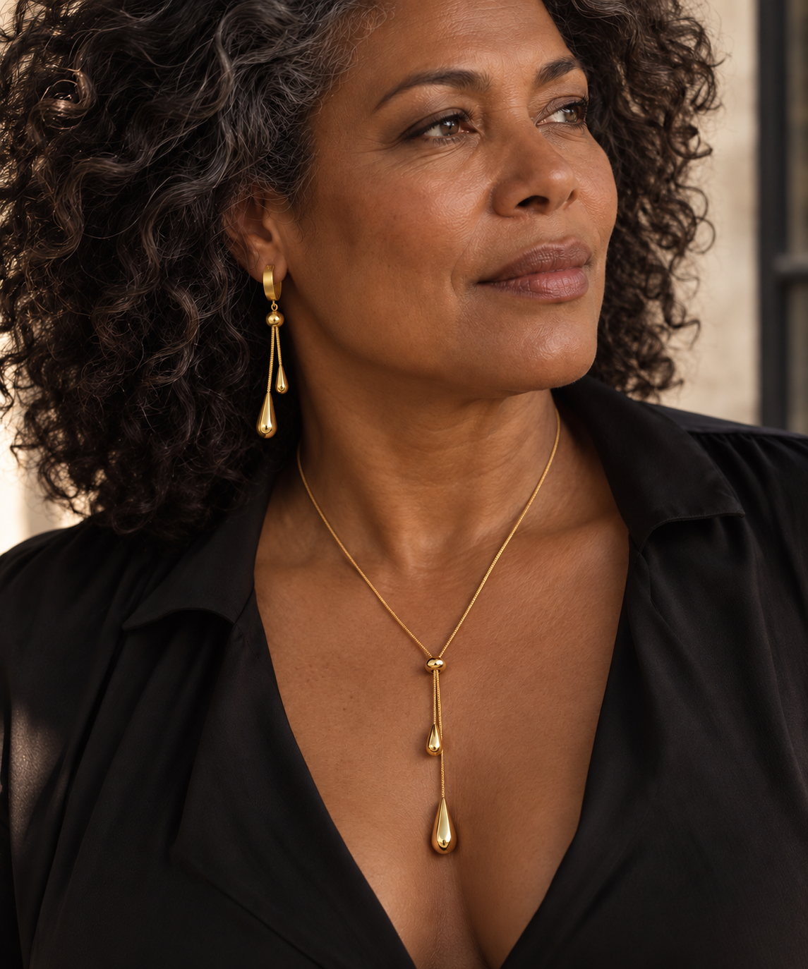 Raindrop Lariat Set worn — necklace and earrings — Casa Edoarda